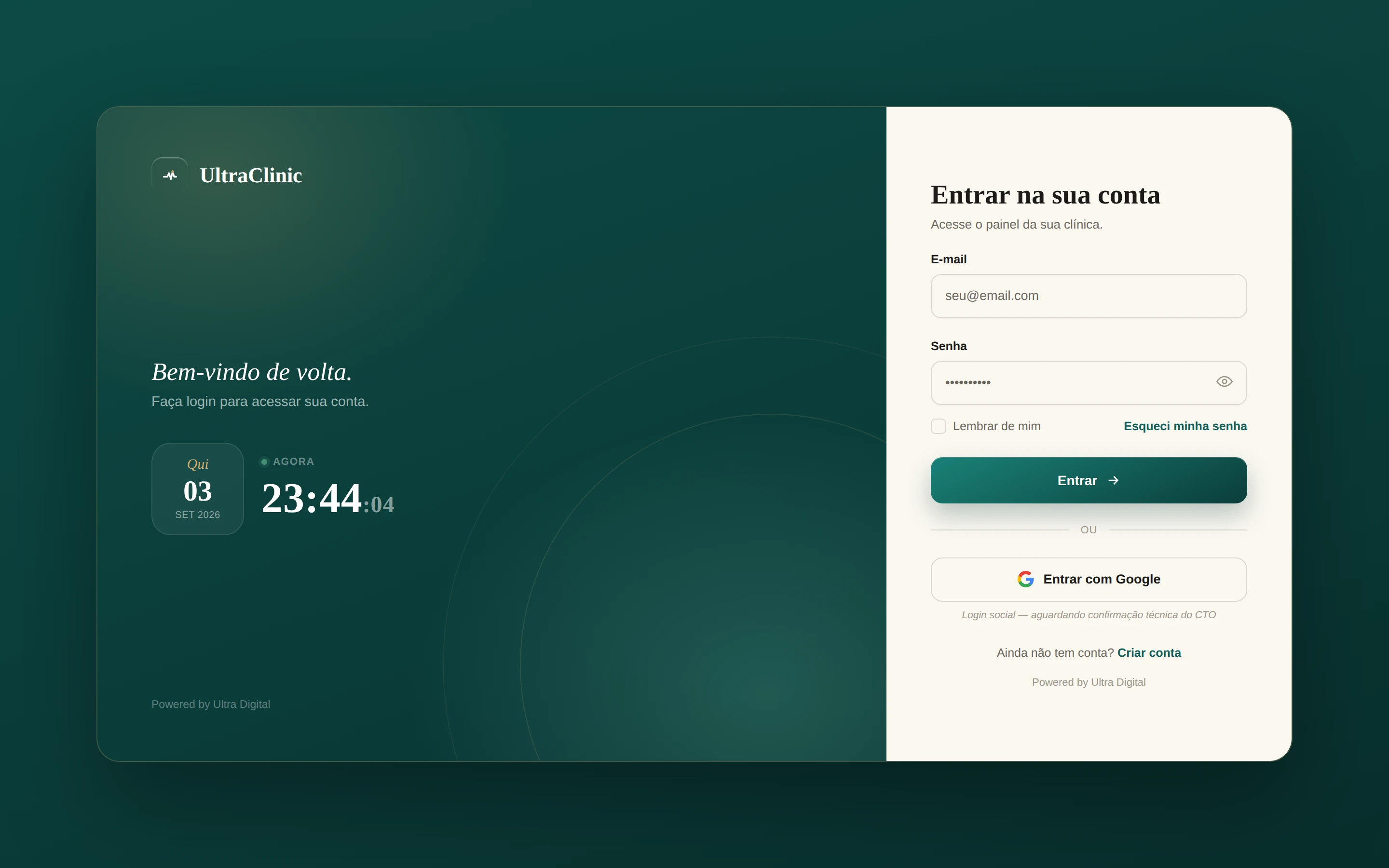 Tela de login do UltraClinic com identidade visual e acesso via e-mail ou Google